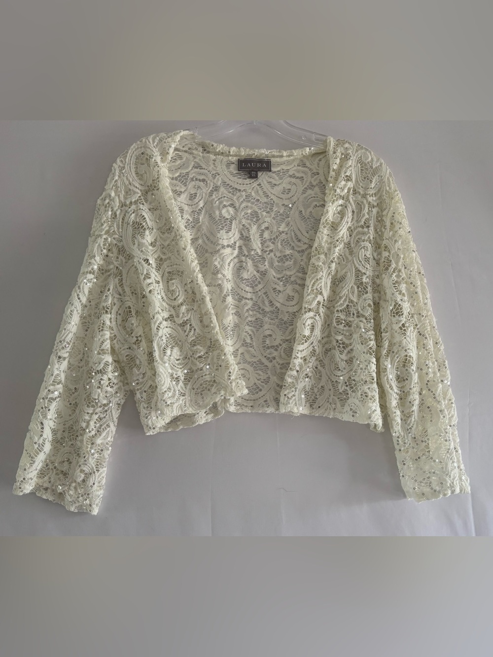 LAURA Cream Swirl Lace Shimmer Sequin Crop Shrug Cardigan Bolero XL
